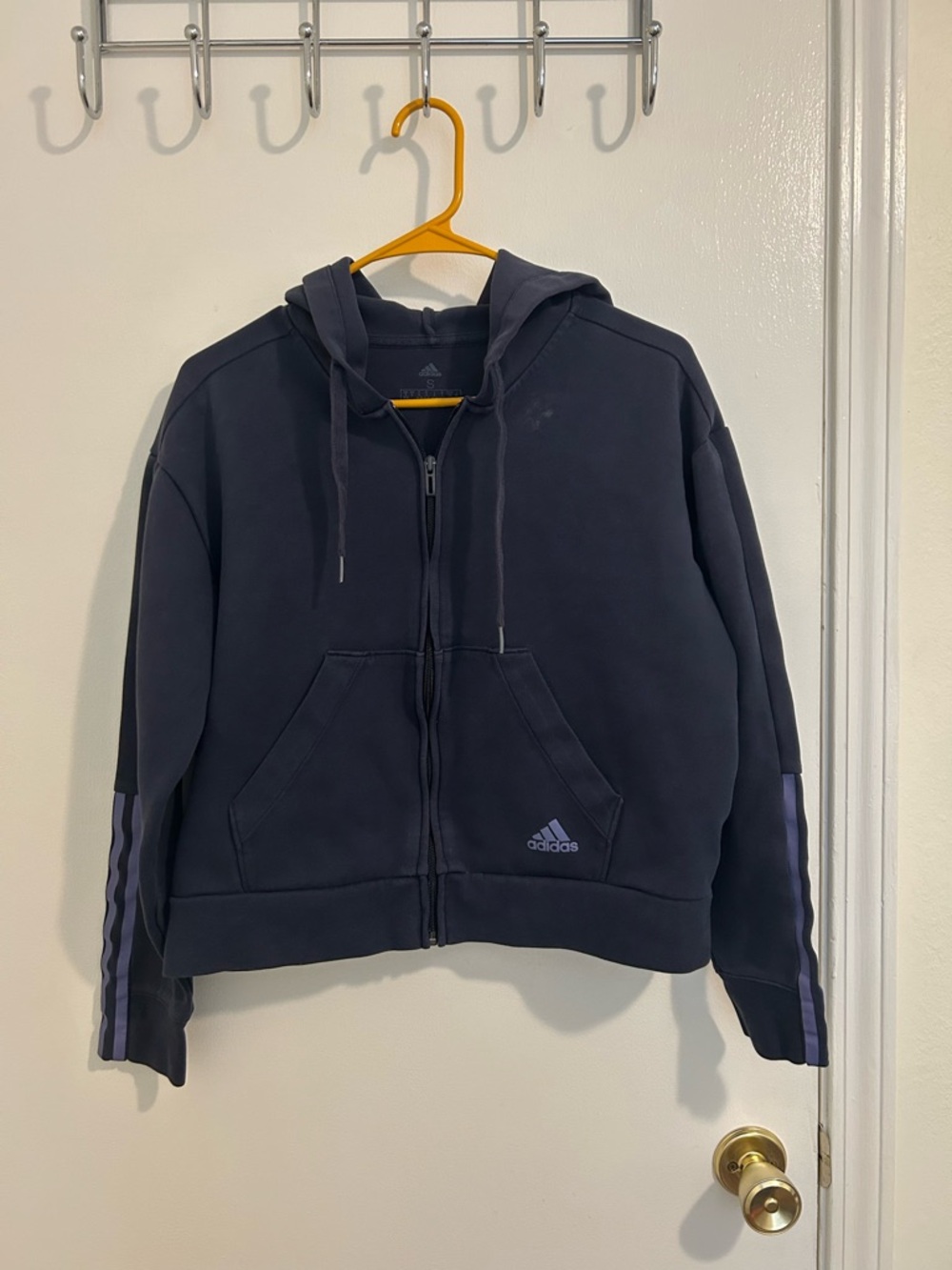 adidas Dark Navy Zip Hoodie with Light Blue Sleeve Stripes size S